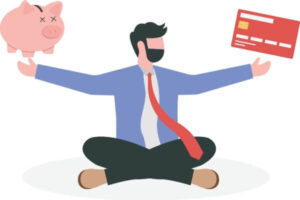 Man with credit card and piggy bank symbolizing using savings to pay off credit card.